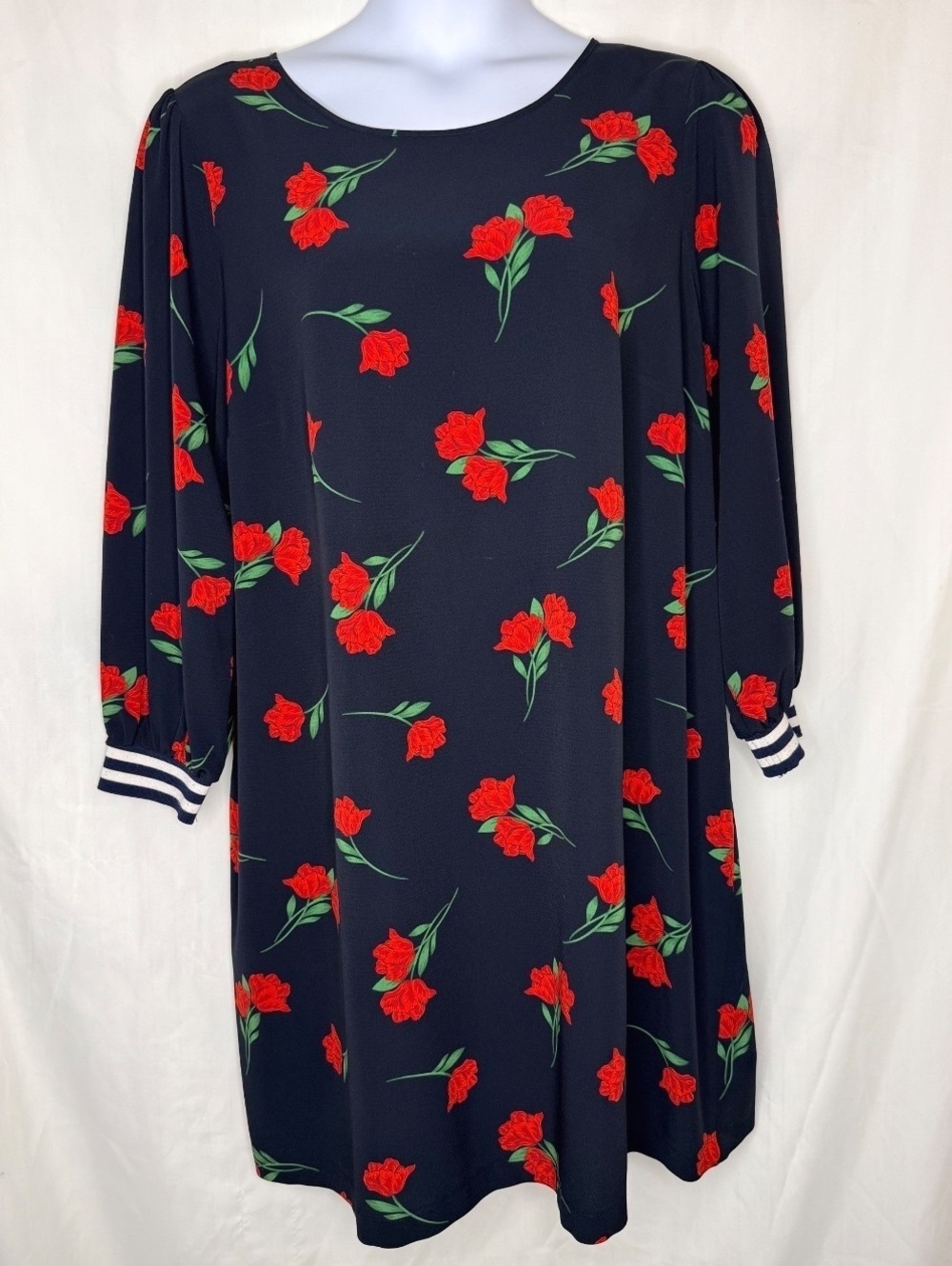 ELOQUII Red Rose Black Floral Shift Dress Long Sleeves 20W